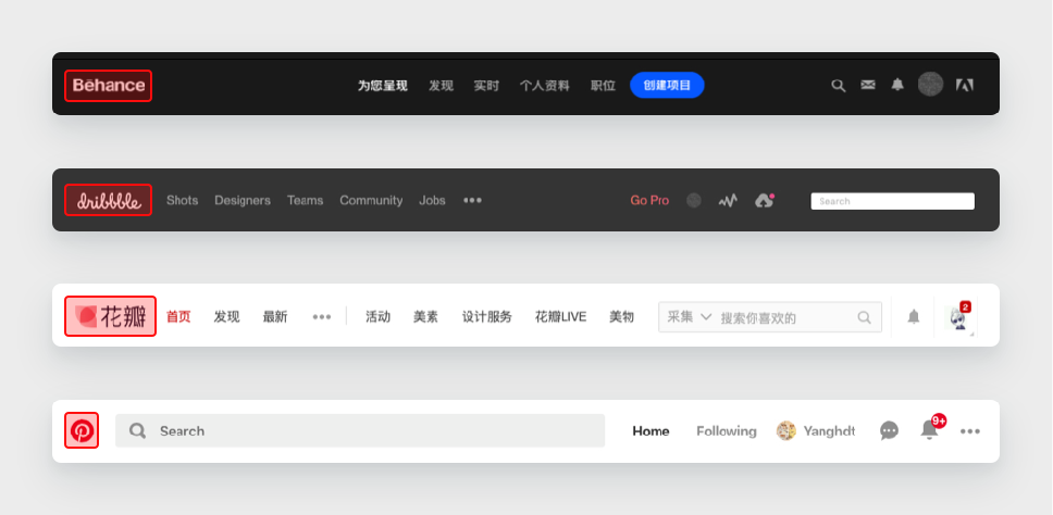 案例1：web 版 behance、dribbble、花瓣、pinterest 界面